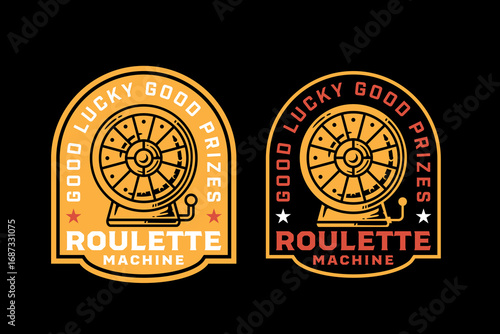 Roulette machine retro badge logo vector design set for gambling and casino. Lucky roulette wheel vintage emblem logo graphic collections. Lottery lucky wheel illustration label element designs