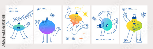 Christmas and New Year Greeting Cards. Fun vector illustrations for greeting card, party invitation card, website banner, social media banner, marketing material.