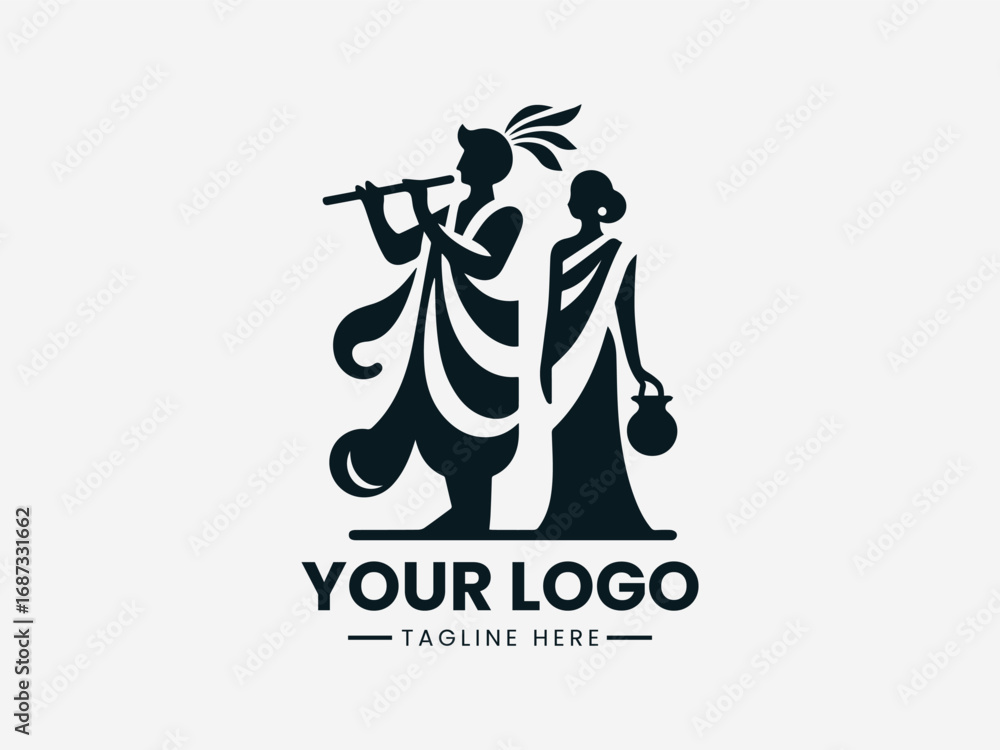 Obraz premium Traditional couple silhouette vector logo with man playing flute and woman holding pot