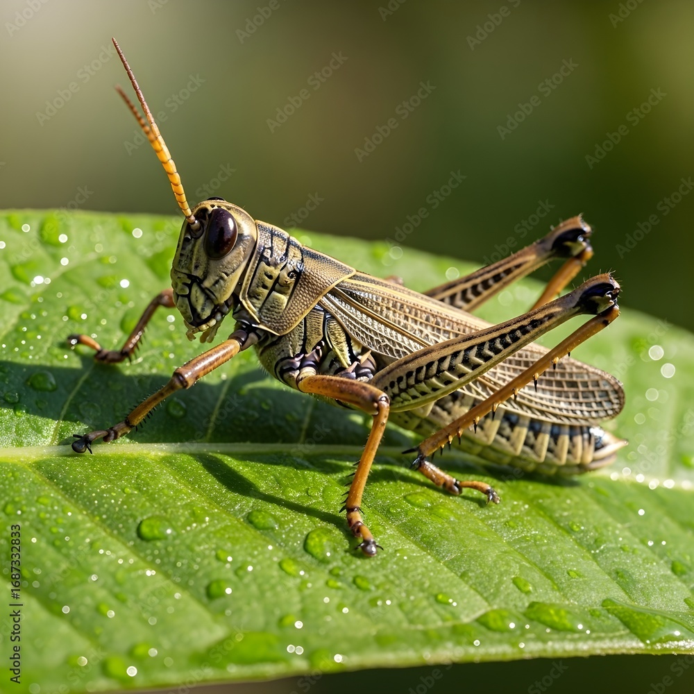 Fototapeta premium Grasshopper on Green Leaf with Water Droplets