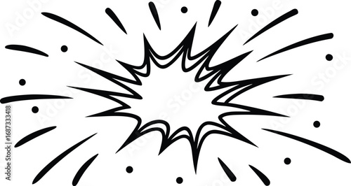 A black and white graphic representing an explosion or burst of energy, isolated on a white background