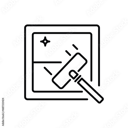 A window with a squeegee cleaning it indicated by streaks and a sparkle symbol in the top left. Editable stroke. Vector icon illustration