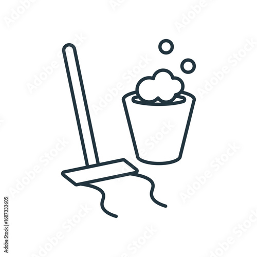 A cleaning scene with a mop and bucket of soapy water. Editable stroke. Vector icon illustration