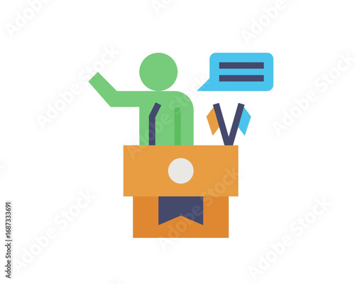 Vector graphic icon of a speaker at a podium delivering a presentation, representing business leadership and public communication