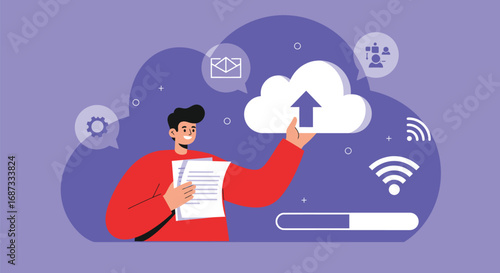 Cloud Upload Concept - Person Uploading Documents to Cloud Storage