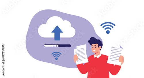 Cloud Upload Concept - Person Uploading Documents to Cloud Storage