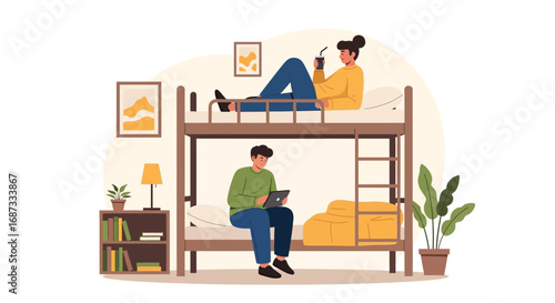 Cozy Bedroom with Bunk Bed - Two People Relaxing at Home