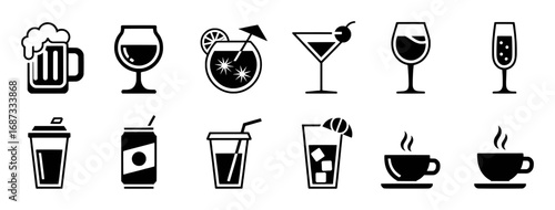 Collection of black and white beverage icons, including beer, wine, cocktails, and coffee