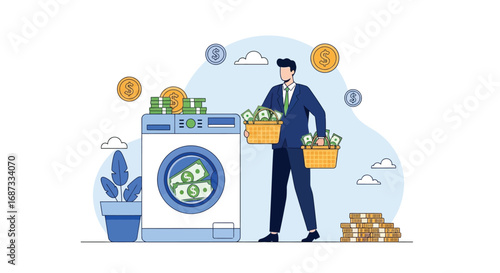 Money Laundering Concept - Businessman Carrying Money Baskets Next to Washing Machine