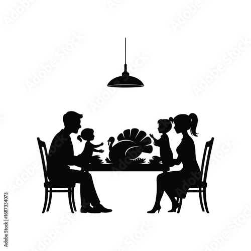 Family Meal Silhouette Illustration with Turkey and Autumnal Decor for Fall Season