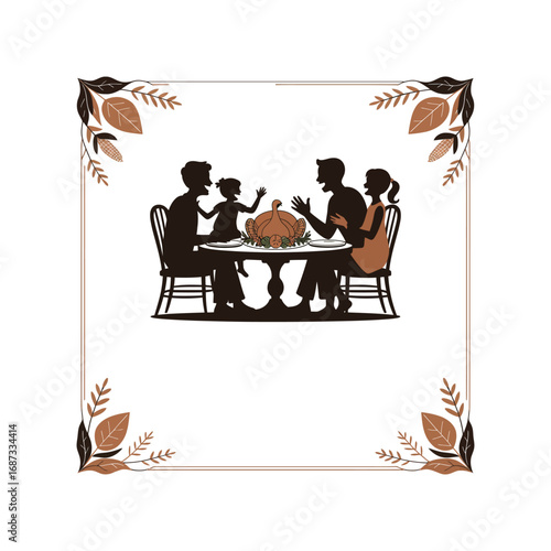 Family Meal Silhouette Illustration with Autumnal Frame for Gatherings and Celebrations