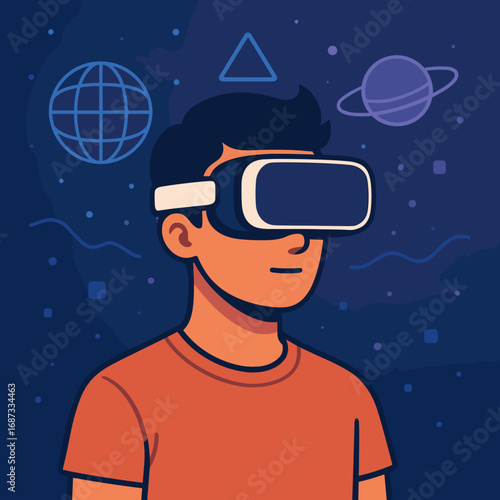 Young man wearing VR goggles exploring virtual reality and immersive experiences
