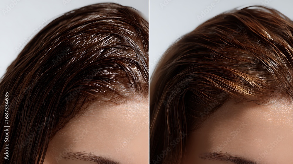 Obraz premium Photo Showing Split Composition For Advertising: Left Side Depicts Oily Scalp With Greasy Hair Clumped Together, Close-Up Texture Under Harsh Bright Light. Right Side Shows Same Scalp