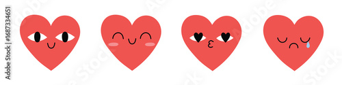 Set of hand drawn doodle hearts with different emotions. Design elements for greeting card, print, invitation. stickers, poster.