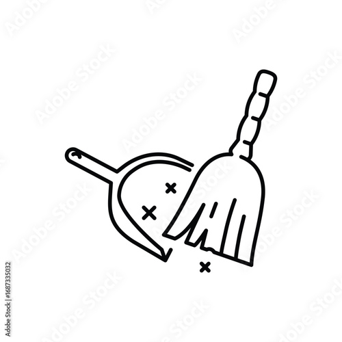 Line drawing of a dustpan  broom. Editable stroke. Vector icon illustration