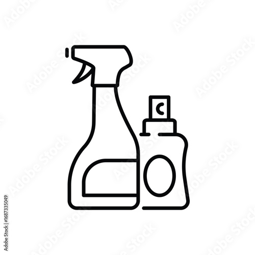 Two bottles one with a trigger spray and the other a nozzle top are outlined in black and displayed against a white background. Editable stroke. Vector icon illustration