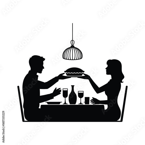 Couple Sharing Pie Silhouette Illustration at Table with Hanging Light Fixture