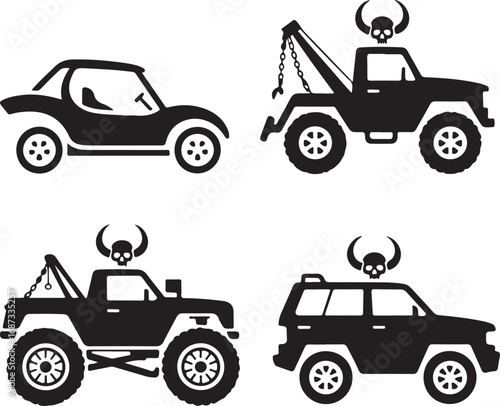 Four Black Silhouettes of Off-Road Vehicles and Tow Trucks with Skulls on White Background