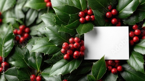 Festive red berries and white flowers create an eye-catching border around a blank card, ideal for personalization or gifting