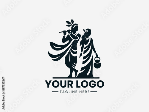 Traditional couple silhouette vector logo with man playing flute and woman holding pot