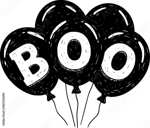 Four black balloons with boo text Halloween silhouette vector illustration isolated on white background
