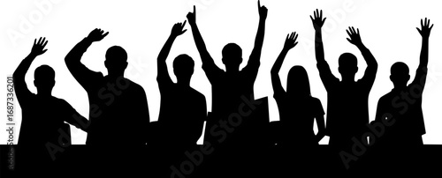Students raising hands in classroom silhouette vector illustration isolated on white background
