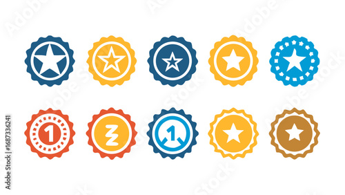 Collection of ten colorful badges with star and number designs isolated on a white background image