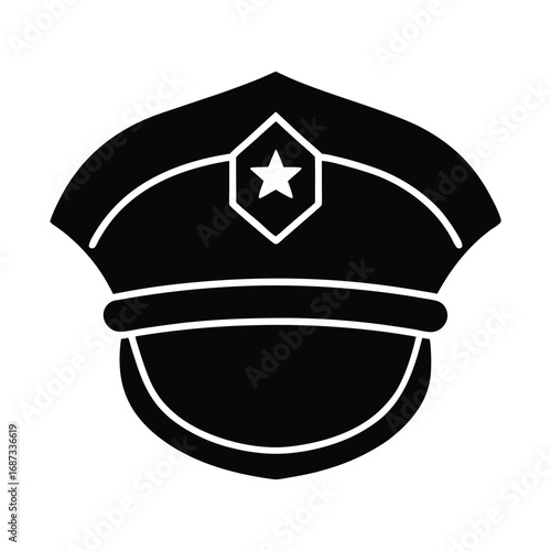 Classic police hat silhouette with emblem and badge on white background for law enforcement designs