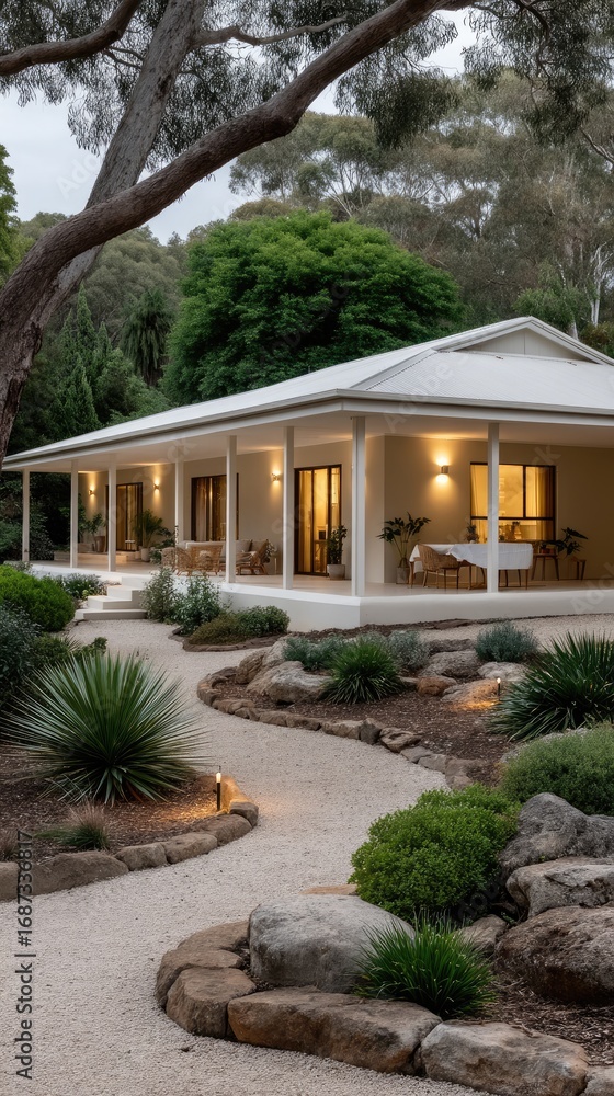 Fototapeta premium Beautiful modern house surrounded by lush greenery and a winding pathway during twilight hours creates a peaceful atmosphere in nature