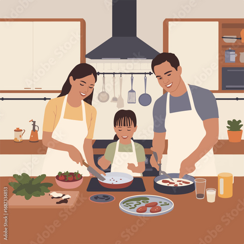 Happy family cooking together in the kitchen, spending time at home