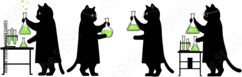 Four black cat scientists holding beakers silhouette vector illustration isolated on white background
