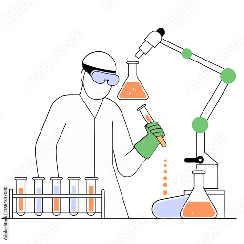 A bio-chemist is working on a lab with his laboratory kits and chemicals