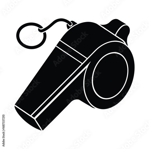 Clean silhouette of a police whistle isolated on a plain white background for design use