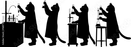 Four black cat scientists holding beakers silhouette vector illustration isolated on white background