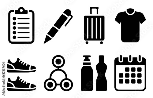 Collection of black and white icons representing everyday objects and activities