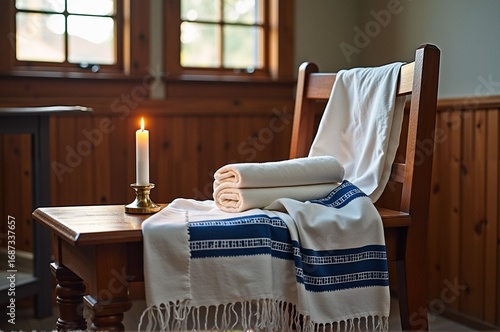 Cozy wooden interior with candle and textiles on chair