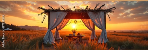Beautiful sukkot sunset scenery with canopy in wheat field