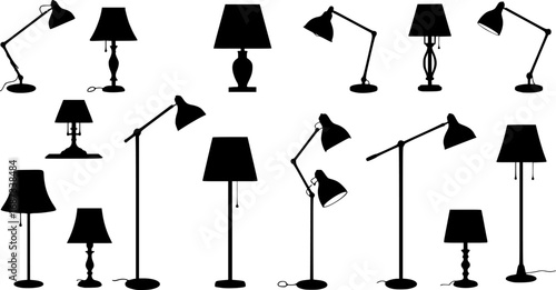 Collection of various table and floor lamp silhouettes vector illustration isolated on white background
