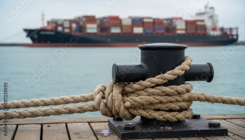 Close-up of ropes tied to a bollard at dockside, blurred ship in background, maritime detail shot