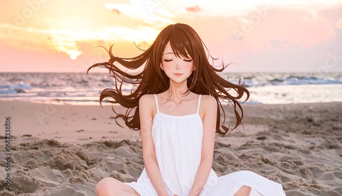 Anime girl sits peacefully on a beach at sunset