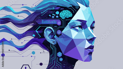 Futuristic geometric portrait of a woman with technology and neural elements