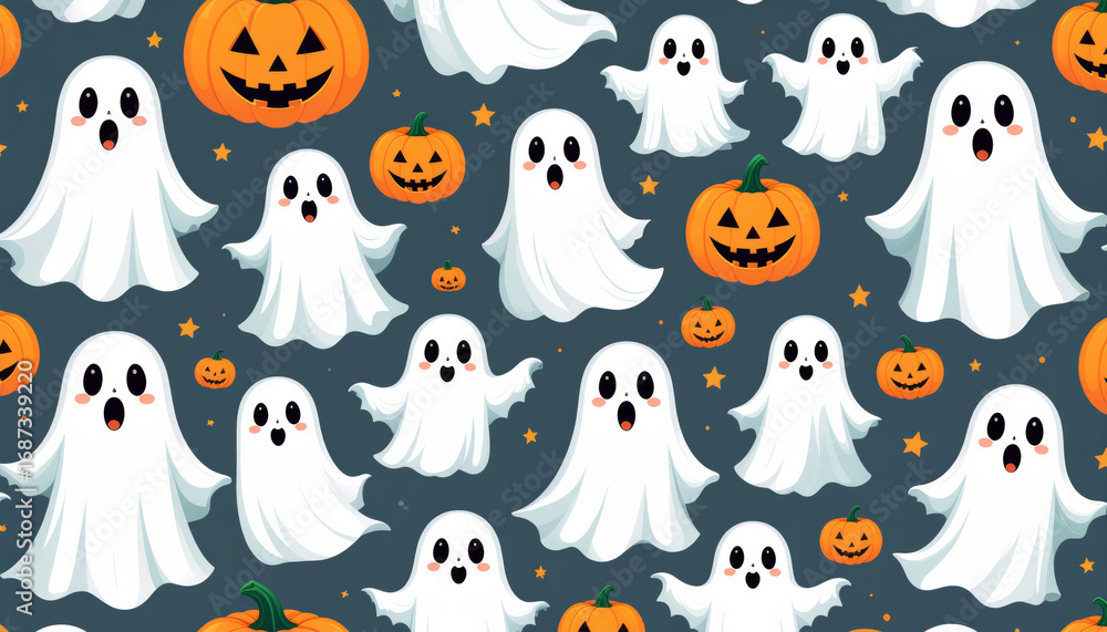 Fototapeta premium Spooky illustration pattern of cute cartoon ghost characters with surprised expressions and glowing pumpkin jack o lanterns for festive Halloween background or wallpaper