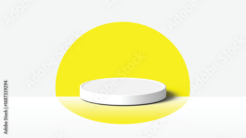 Bright yellow backdrop with white podium isolated on white background for product showcase, cosmetic presentation, or marketing display with vibrant and eyecatching design