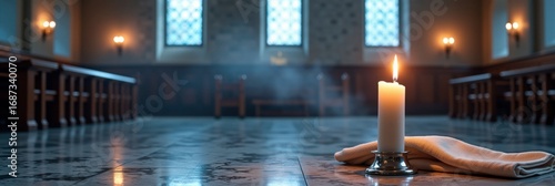 Tranquil church interior with candle and soft lighting