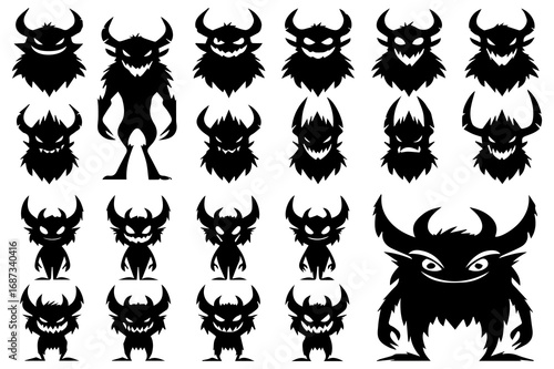 Scary Monster Faces Silhouette Vector | Creepy Halloween Demon Clipart