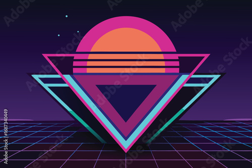 Vector art of a retro wave sunset with a neon triangle and grid, evoking a nostalgic and futuristic vibe, reminiscent of 1980s aesthetics and digital art landscapes