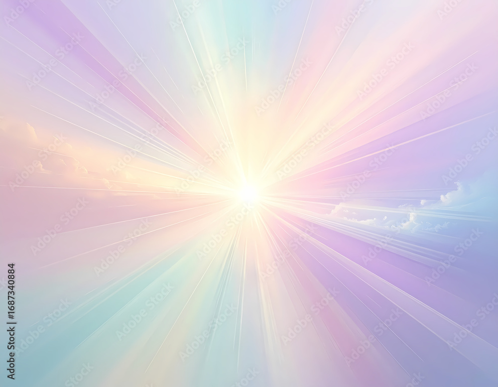 Obraz premium Spiritual abstract background of pastel sky with hopeful divine light. Sun ray from heaven creates powerful, peaceful glow, concept of faith, energy, and creation