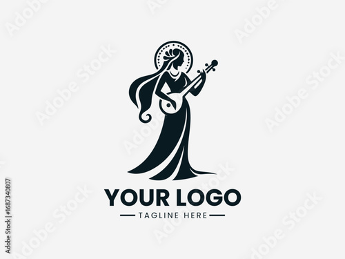 Traditional goddess silhouette vector logo holding musical instrument with ornamental cultural design