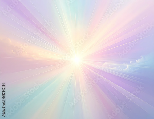 Spiritual abstract background of pastel sky with hopeful divine light. Sun ray from heaven creates powerful, peaceful glow, concept of faith, energy, and creation