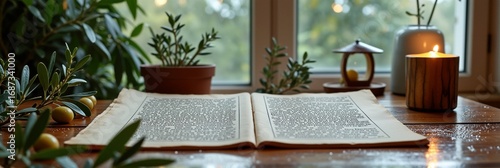 Rustic reading nook with open book, candles, and potted plants by a window